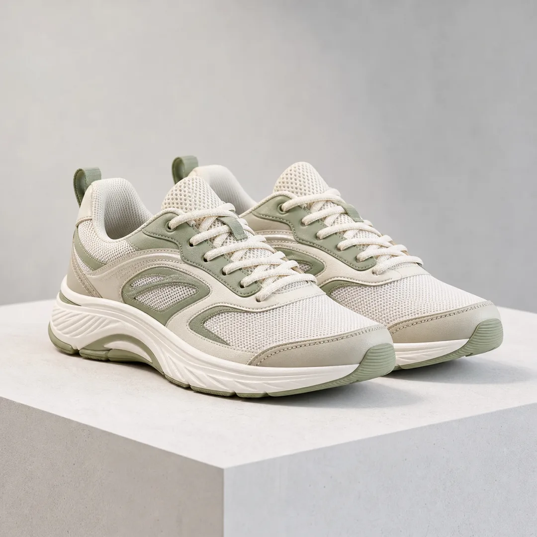 Cream and sage running shoes prepared as a square listing photo